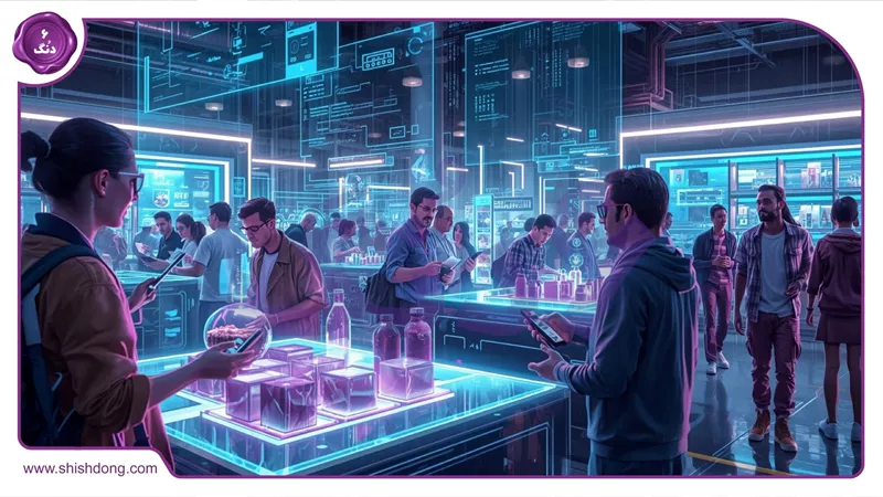 گوشی موبایل در حال استفاده در مکان&zwnj;های تهران، غروب، نور بنفش