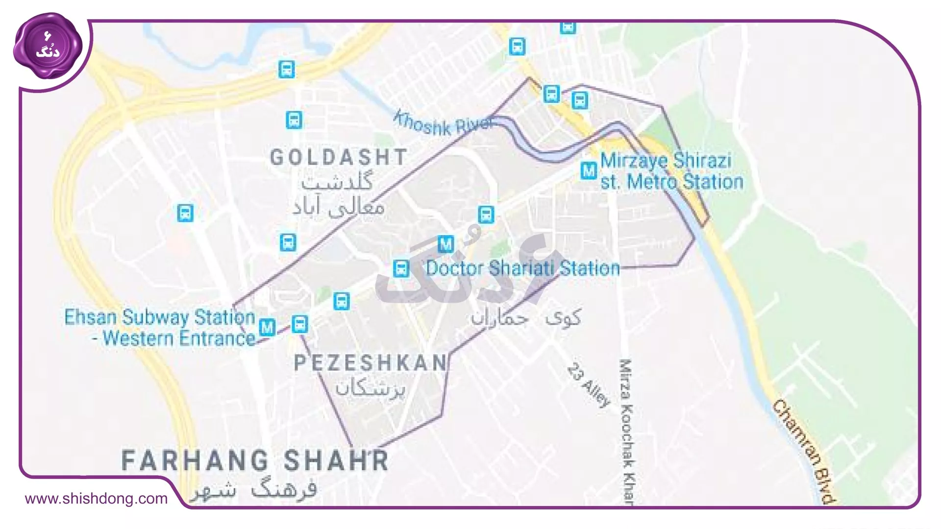 نقشه موقعیت معالی آباد شیراز