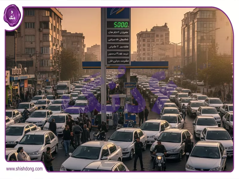 پمپ بنزین با صف طولانی برای بنزین پنج هزار تومانی در ایران ۱۴۰۴