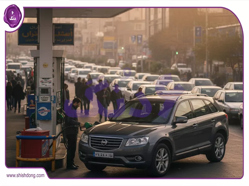 خودرو وارداتی در حال سوخت‌گیری بنزین آزاد در پمپ بنزین ایران