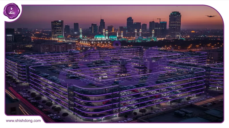 نمای هوایی مشهد با پارکینگ&zwnj;های طبقاتی و خودروهای لوکس