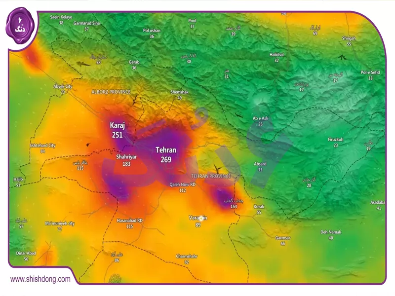 نقشه حرارتی شاخص آلودگی هوای تهران به تفکیک مناطق امروز - آبان ۱۴۰۴