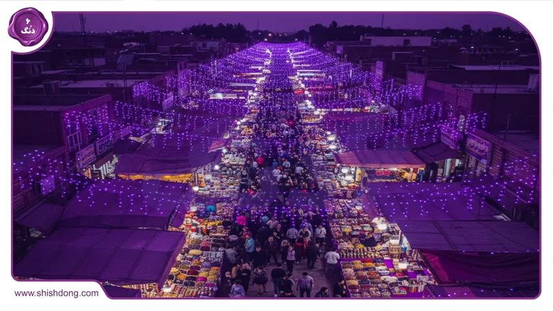 نمای هوایی سلمان شهر (متل قو) با بازارهای شلوغ