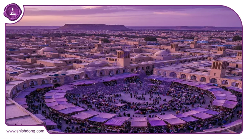 نمای هوایی یزد با بازارهای شلوغ