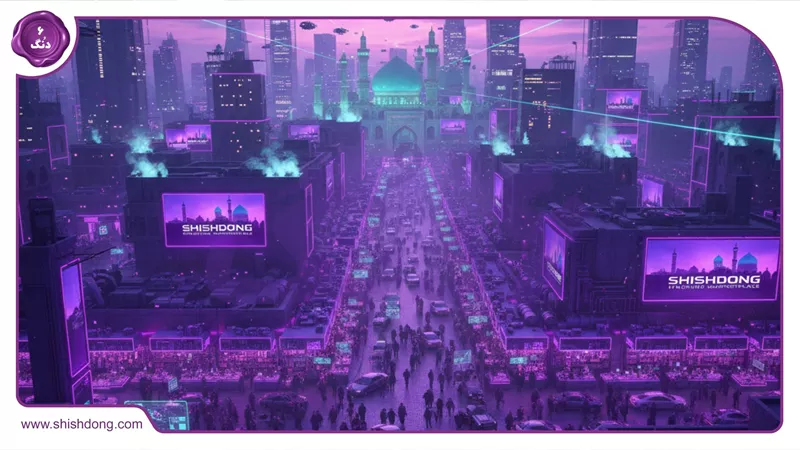 نمای هوایی مشهد با بازارهای شلوغ