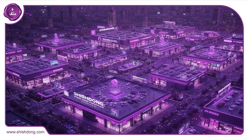 نمای هوایی بازار وسایل نقلیه با نمایشگاهها