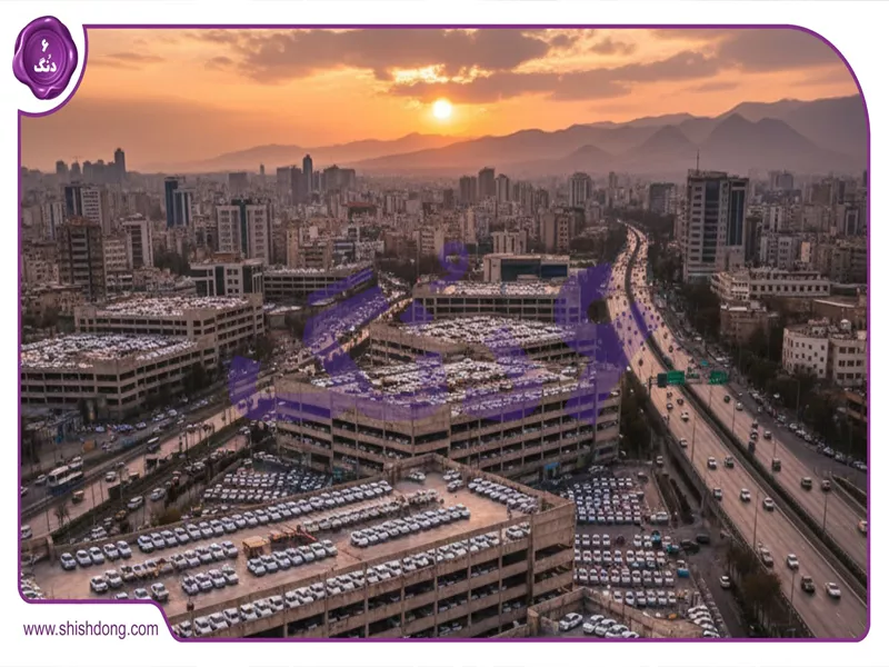 نمای هوایی تهران با پارکینگهای طبقاتی و خودروهای سمند SE
