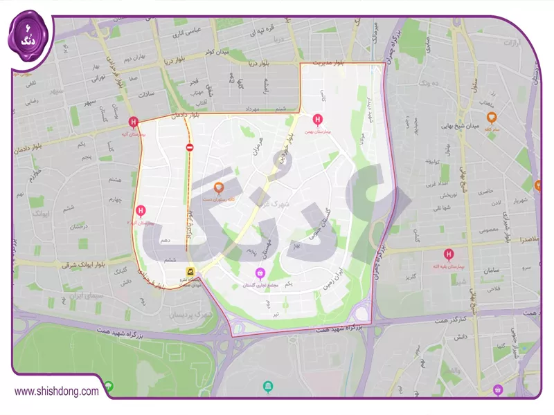 نقشه موقعیت جغرافیایی شهرک غرب تهران
