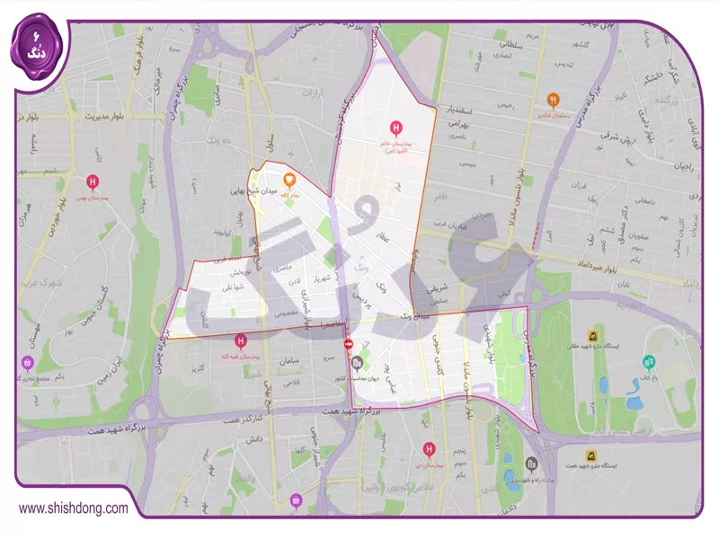 نقشه موقعیت جغرافیایی ونک تهران با میدان ونک