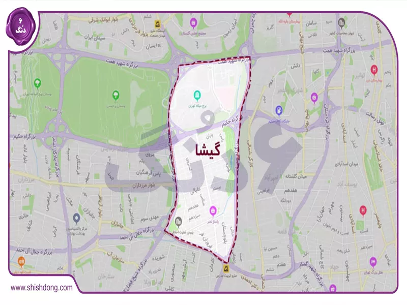 نقشه موقعیت گیشا تهران با بلوار اصلی و مراکز خرید