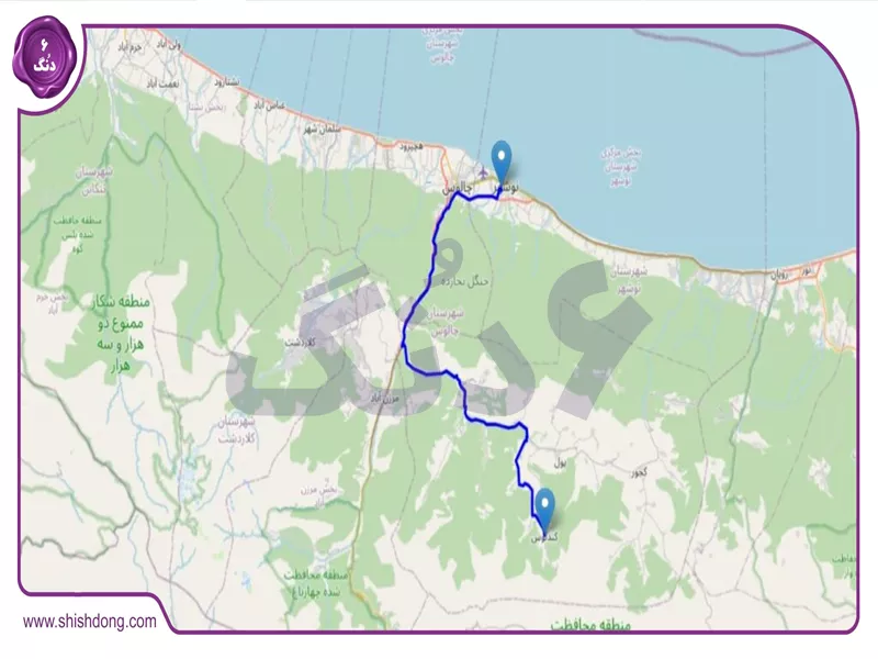فاصله دقیق لوکیشن کندلوس در تا نوشهر 