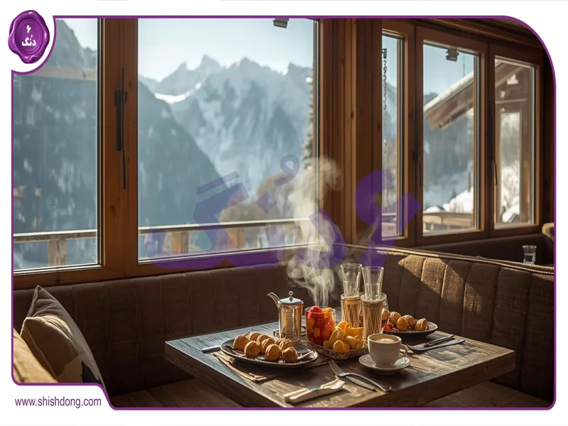 کافه کوهستانی هتل آبعلی با ویو دماوند و شومینه سنگی