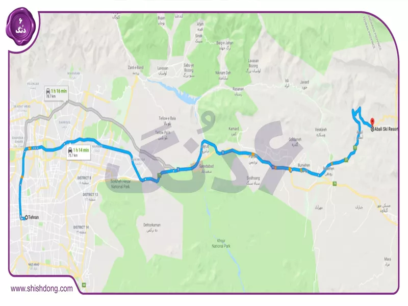 نقشه کامل جاده آبعلی روی نقشه با موقعیت تهران، آمل، بابلسر، جاده چالوس و ۱۰ اقامتگاه برتر