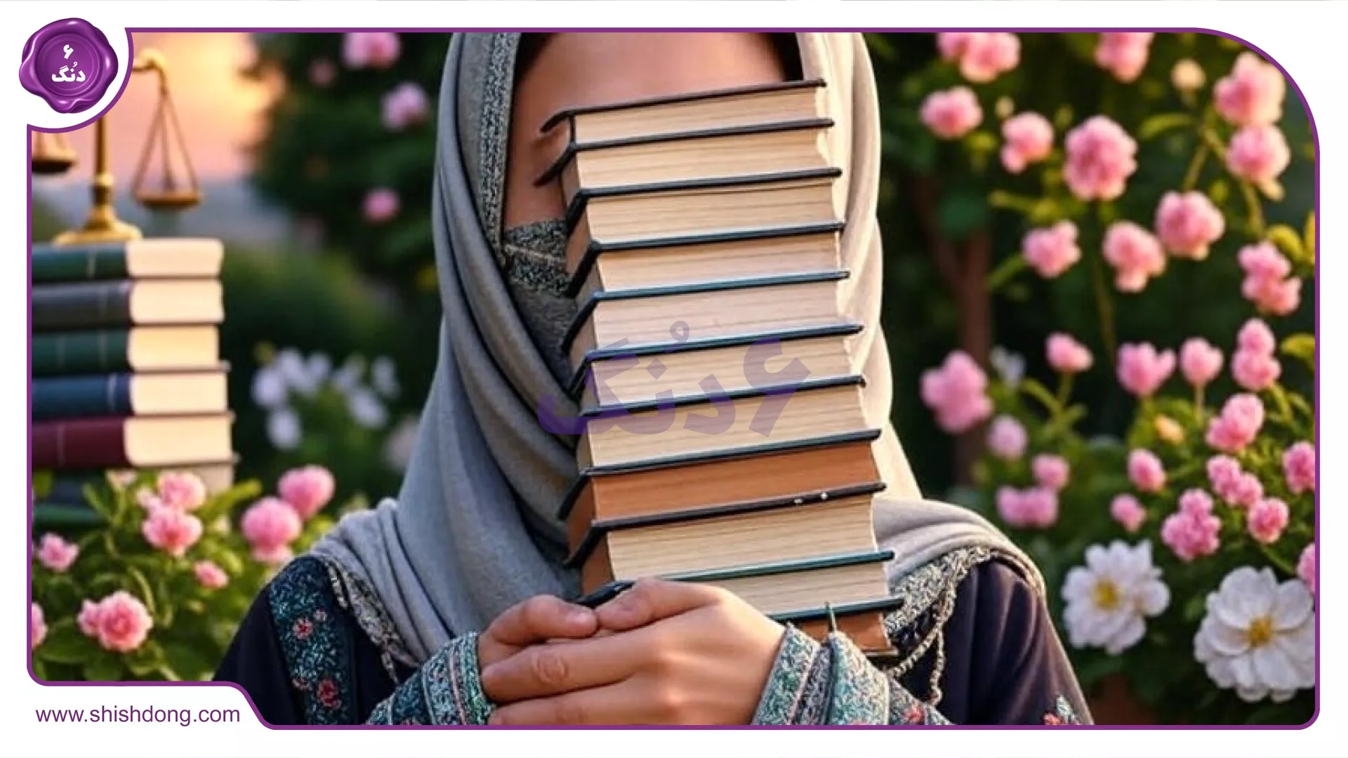 تصویر زنی در حال تحصیل در دانشگاه با کتاب‌های حقوقی