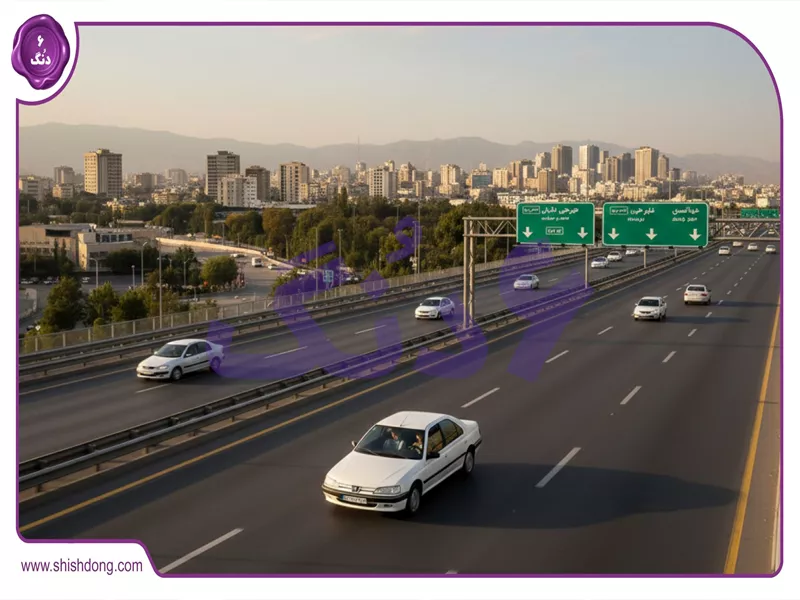 نمای هوایی تهران با پژو 405 GL در حرکت